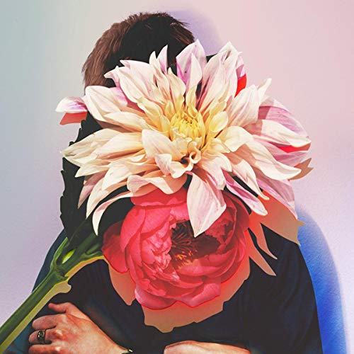 Person with face obscured by large, colorful dahlia flowers.