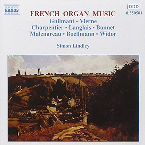 A CD cover featuring a landscape painting and text describing French organ music.