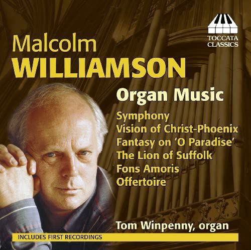 CD cover featuring composer Malcolm Williamson’s portrait and organ pipes.