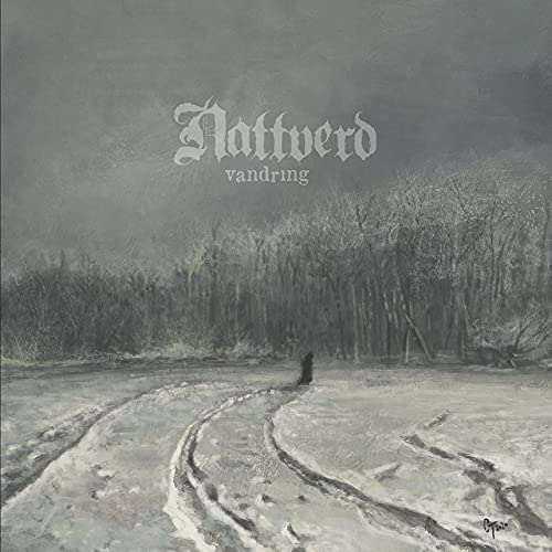 A snowy forest path with a lone figure, album cover artwork in muted, dark tones.