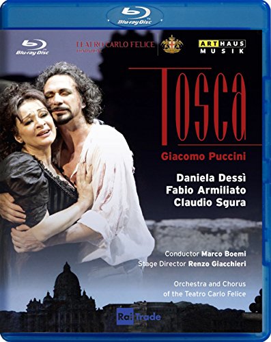 "Tosca Blu-ray cover featuring a man embracing a woman against a dark background."