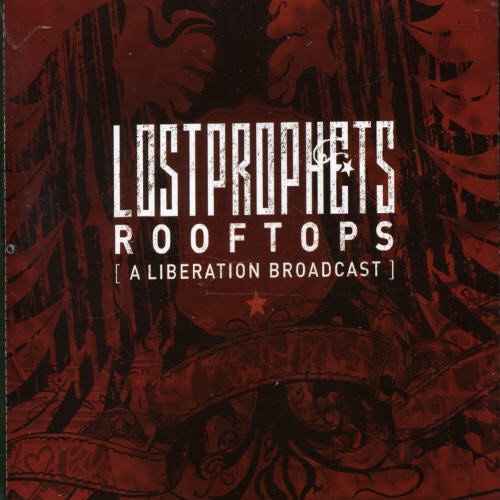 "Red album cover with 'Lostprophets Rooftops' in white text and abstract, dark red background."