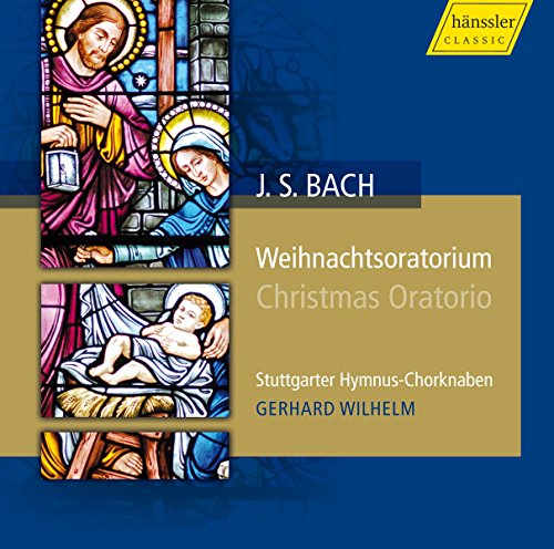 "CD cover with stained glass image of Mary, Joseph, and Jesus on blue background."