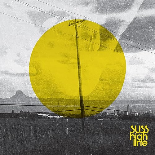 Yellow circle over a landscape with a utility pole and city skyline.