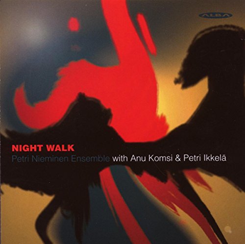 "Album cover with silhouetted figures and red abstract shape against a yellow and blue background."