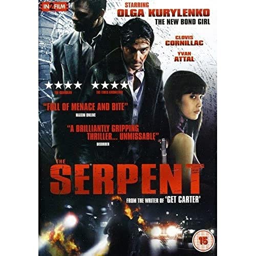 DVD cover for "Serpent" featuring two men and a woman in a thriller setting.