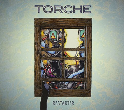 The image is a CD cover featuring a wooden window with a snowy scene and the title "Torche - Restarter". For accessibility purposes, a suitable alt text could be: "CD cover with a wooden window and snowy scene."