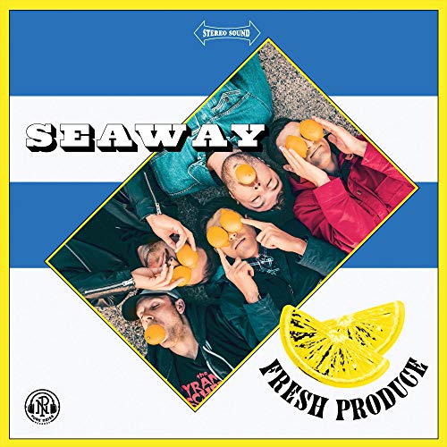 Seaway album cover: band with oranges, lemon slice, diamond shape, blue background.