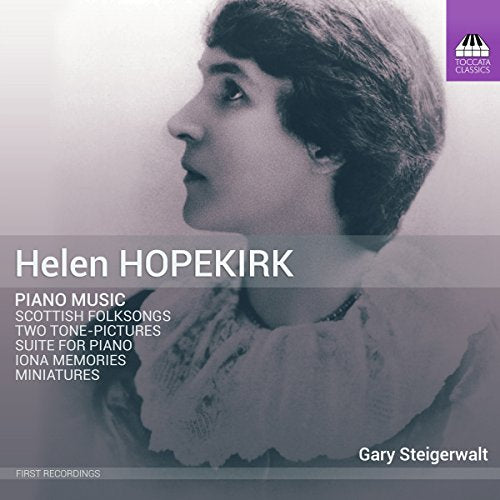 CD cover with black and white portrait of Helen Hopekirk, text, and purple logo.