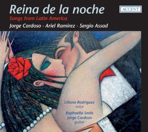 "CD cover art: embracing couple, woman with red rose in hair, dark background."