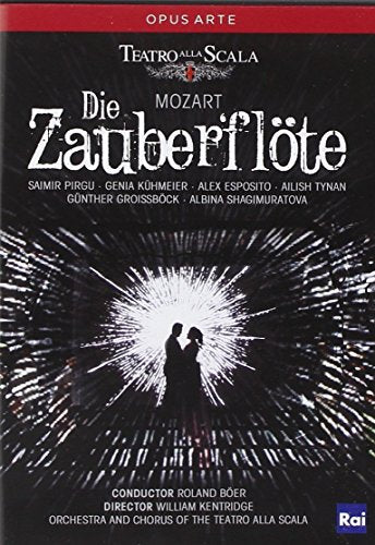 DVD cover for Mozart's "Die Zauberflöte" with silhouetted couple surrounded by light rays.