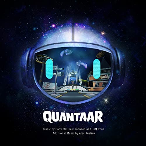 “Quantar” album cover: astronaut helmet framing a fantastical cityscape scene.