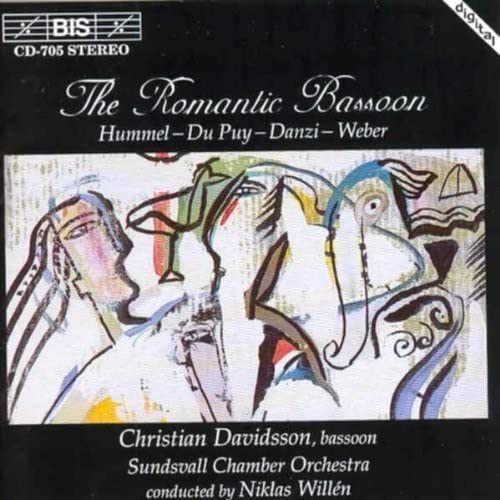 CD cover for "The Romantic Bassoon" featuring abstract art and text.