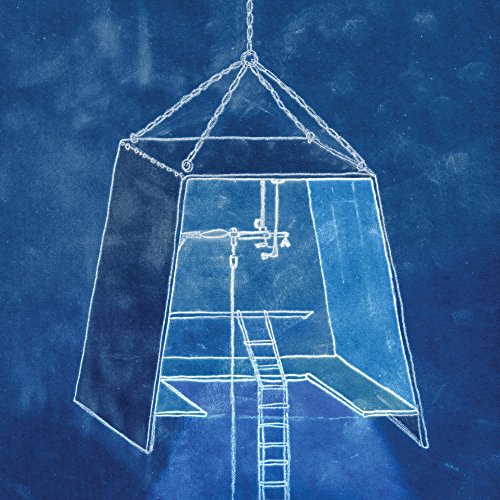 Blueprint-style drawing of a suspended, cage-like structure with a ladder.