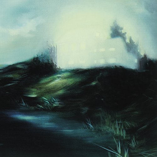 Painted landscape with silhouetted structures fading into a bright, hazy sky.