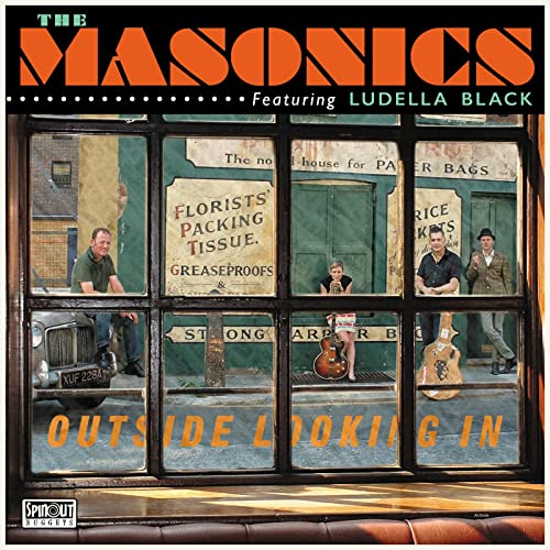 Album cover for The Masonics’ “Outside Looking In” featuring people in windows.