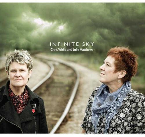 "Album cover: two women standing on train tracks with green forest background."
