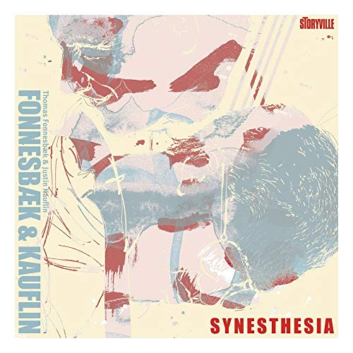 Album cover with abstract illustration of two musicians and red and blue accents.