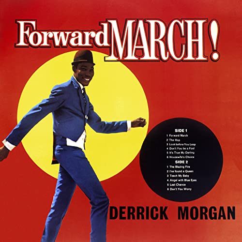 Derrick Morgan in a blue suit against a red background with yellow circle.