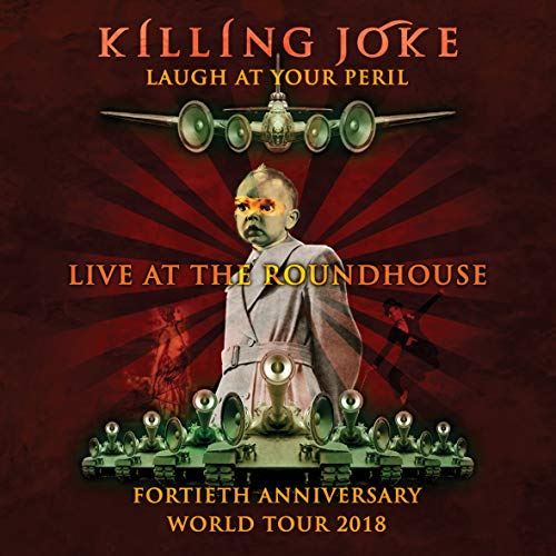 Killing Joke album cover: child with gas mask, speakers, and statues.