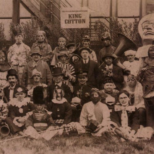 "Sepia-toned album cover featuring a group of people in various costumes and hats."