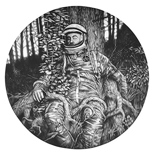 Black and white illustration of an astronaut resting amongst mushrooms and trees.