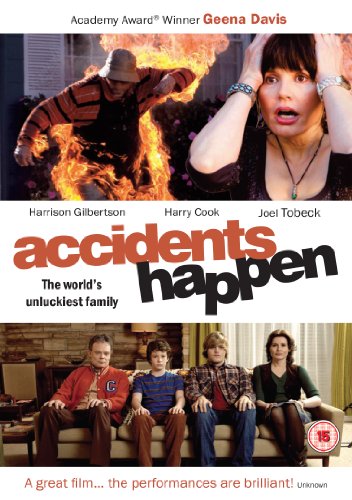 DVD cover for "Accidents Happen" featuring a family and a man on fire.