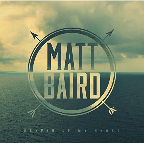 "Album cover with 'Matt Baird' in a circle, arrows, and ocean background."