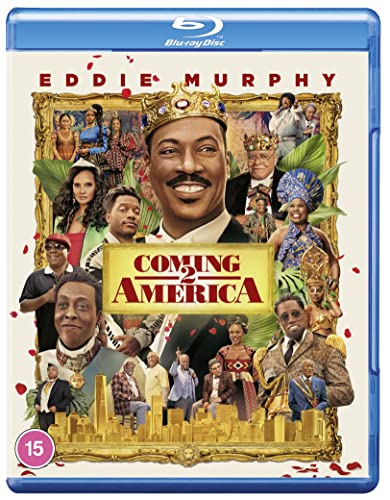 Coming 2 America" Blu-ray cover featuring Eddie Murphy in royal portraiture.