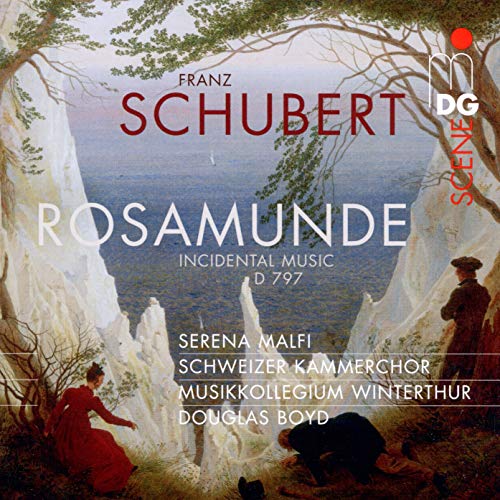 CD cover for Schubert's "Rosamunde" featuring a landscape painting and performers.