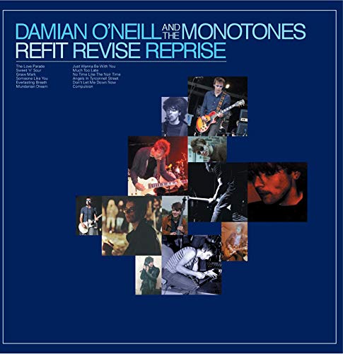 Blue album cover with artist name and photos of musicians playing instruments.