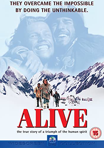 DVD cover for “Alive” depicting survivors in snowy mountains.