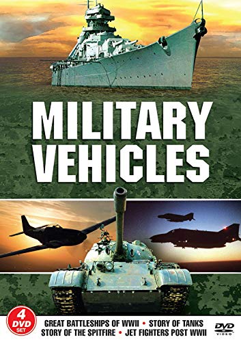 DVD cover with battleship, tank, and planes, titled "Military Vehicles" on green camouflage background.