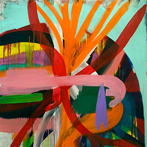 The image is an abstract painting with vibrant colors and bold brushstrokes. Alt text: Abstract painting with orange, red, pink, purple, green, and blue brushstrokes on turquoise.