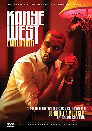 DVD cover featuring Kanye West crouching beside a lamp, with title "Kanye West Evolution".