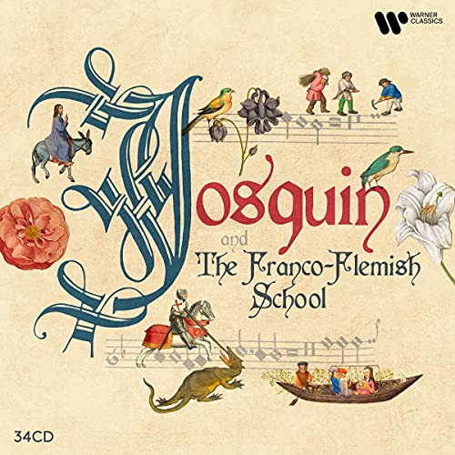 CD box set with discs and booklets, featuring "Josquin" title and medieval illustrations.