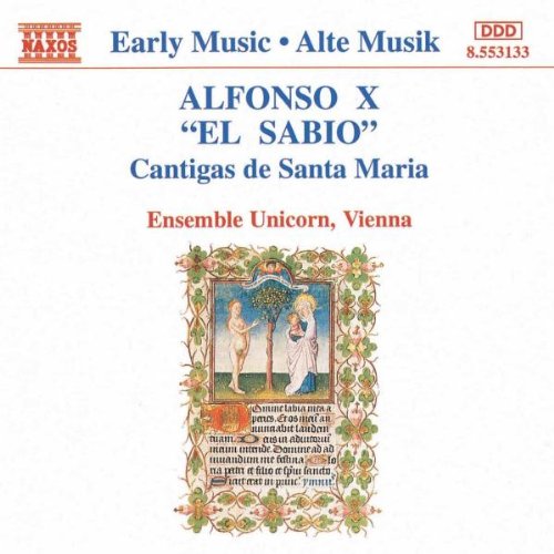 "CD cover with medieval illustration of three figures and floral border, white background."