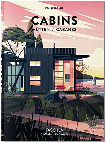 "Book cover featuring a modern cabin illustration with a pink sky and lake background."