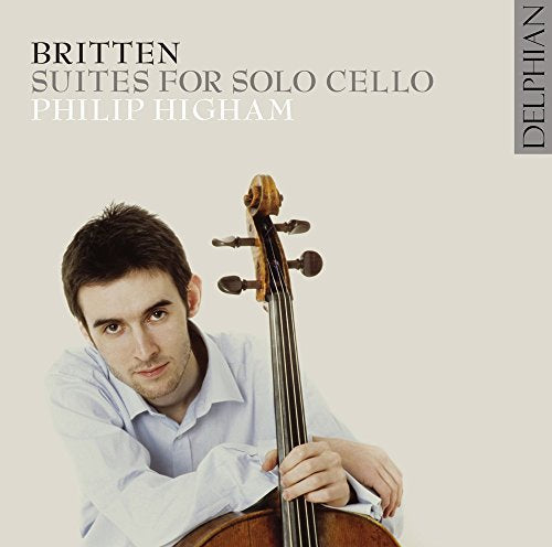 Man holding a cello, album cover with beige background and text "Britten Suites for Solo Cello".