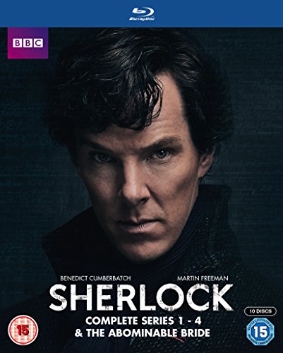 "Sherlock Blu-ray box set cover featuring Benedict Cumberbatch as Sherlock with dark background."
