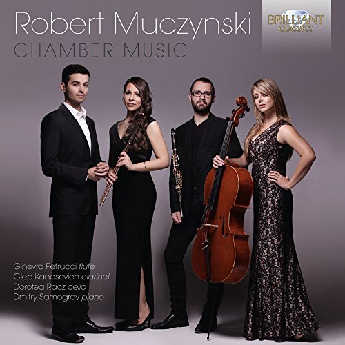 "CD cover featuring four musicians in formal attire holding various instruments against a gray background."