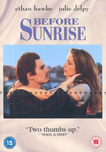 DVD cover for Before Sunrise featuring Ethan Hawke and Julie Delpy looking at each other.