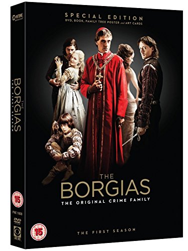 "The Borgias Season 1 DVD box featuring a group of characters in period costume."