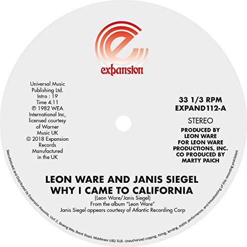 Vinyl record label with red logo and black text on a white background.