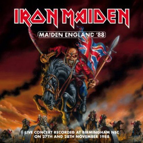 "Iron Maiden album cover with Eddie on horseback, holding swords and a Union Jack flag."