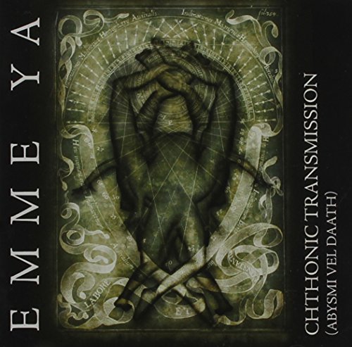 "Album cover with hands clasped, astrological symbols, and text 'Emme Ya' and 'Chthonic Transmission'."