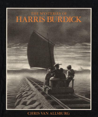 The image depicts a book cover featuring a black-and-white illustration of a train on railroad tracks that appear to be submerged in water, with a sailboat nearby. The title "THE MYSTERIES OF HARRIS BURDICK" is written in orange text at the top, and the author's name "CHRIS VAN ALLSBURG" is written in orange text at the bottom. The background of the cover is black. Alt text: Book cover with black-and-white illustration of train on submerged