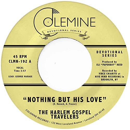 Yellow vinyl record label for “Nothing But His Love” by Harlem Gospel Travelers.