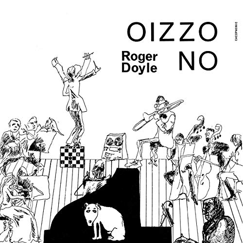 Black and white sketch of musicians with a dog and piano.