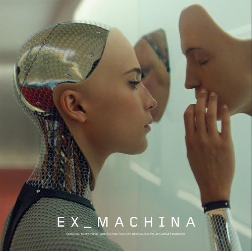 "Album cover: robotic woman with metal head and neck, touching a similar figure's face."